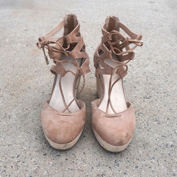 Michael Shannon Shondra Tan Suede Espadrille Wedge Sandals Lace Up Size 10 - Picture 2 of 12